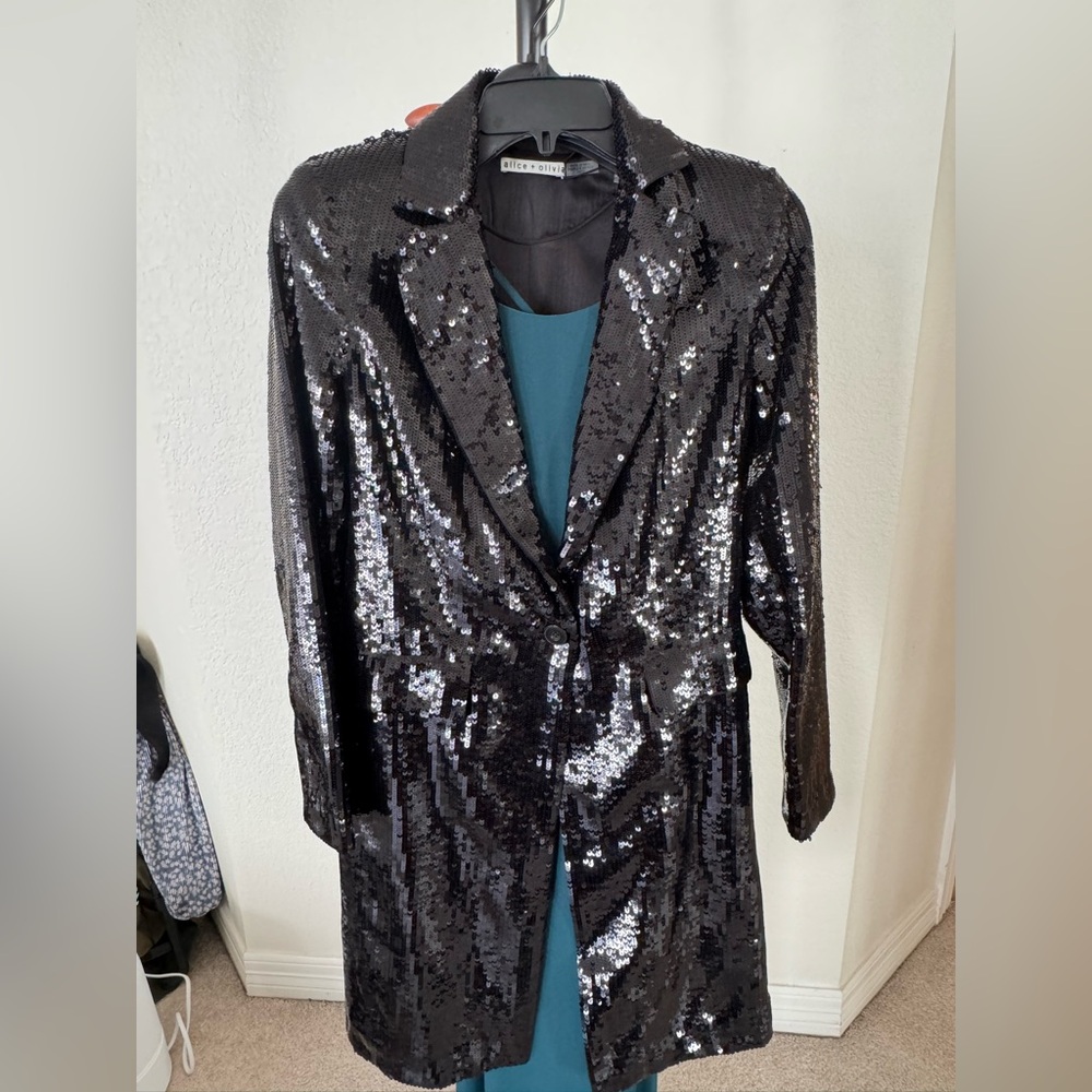 Alice & Olivia Sequin Party Blazer Long Black XS Holiday Statement Piece NWT